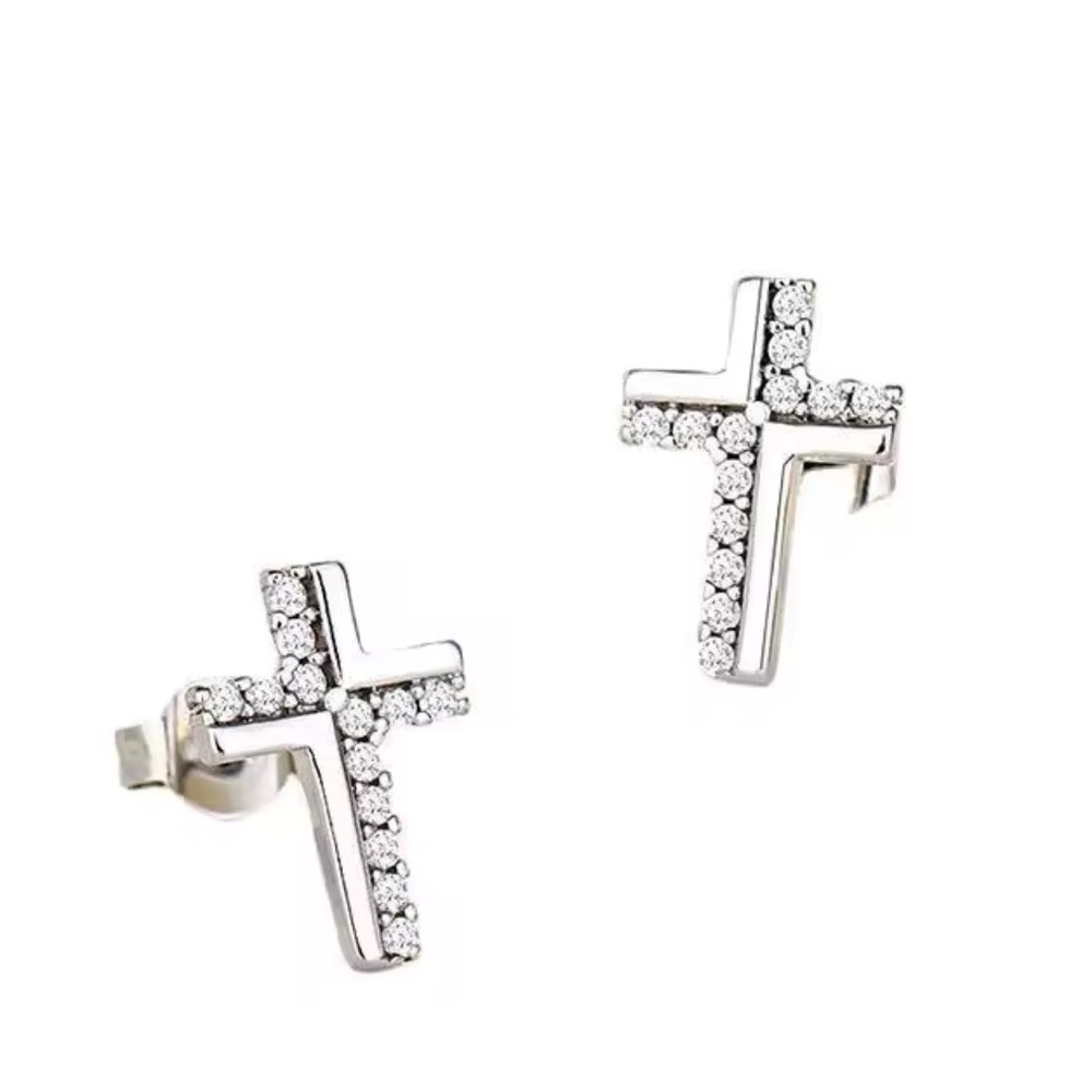 Diamond‎ Cross Stud Earrings | White Gold Plated Silver